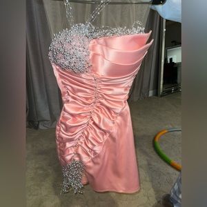 Peony (pink) mini dress with bead design and mesh,Customizable string